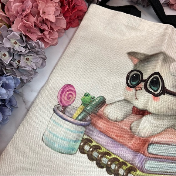 Eco-Friendly Bookworm Kitten Folding Tote Bag - Picture 8 of 15